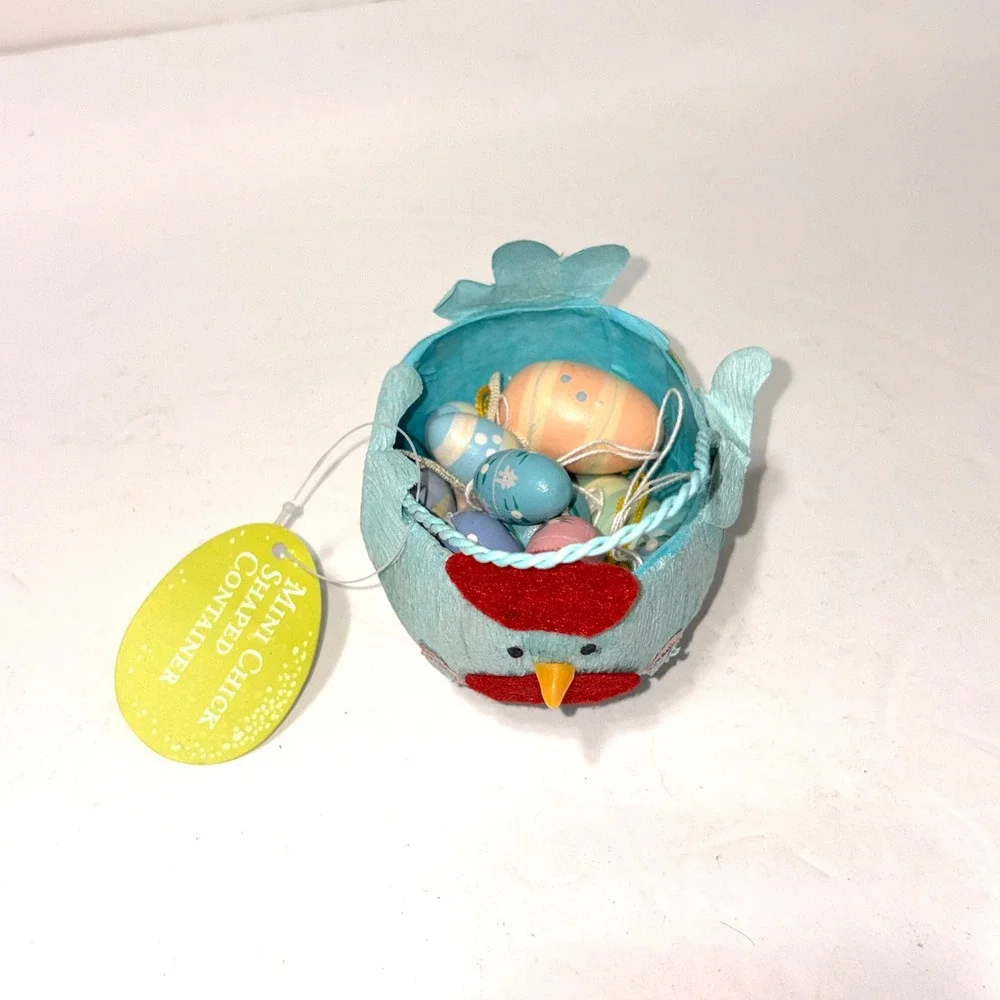 World Market Easter Blue Chicken Crepe Paper Basket & 14 Wooden Egg Ornaments